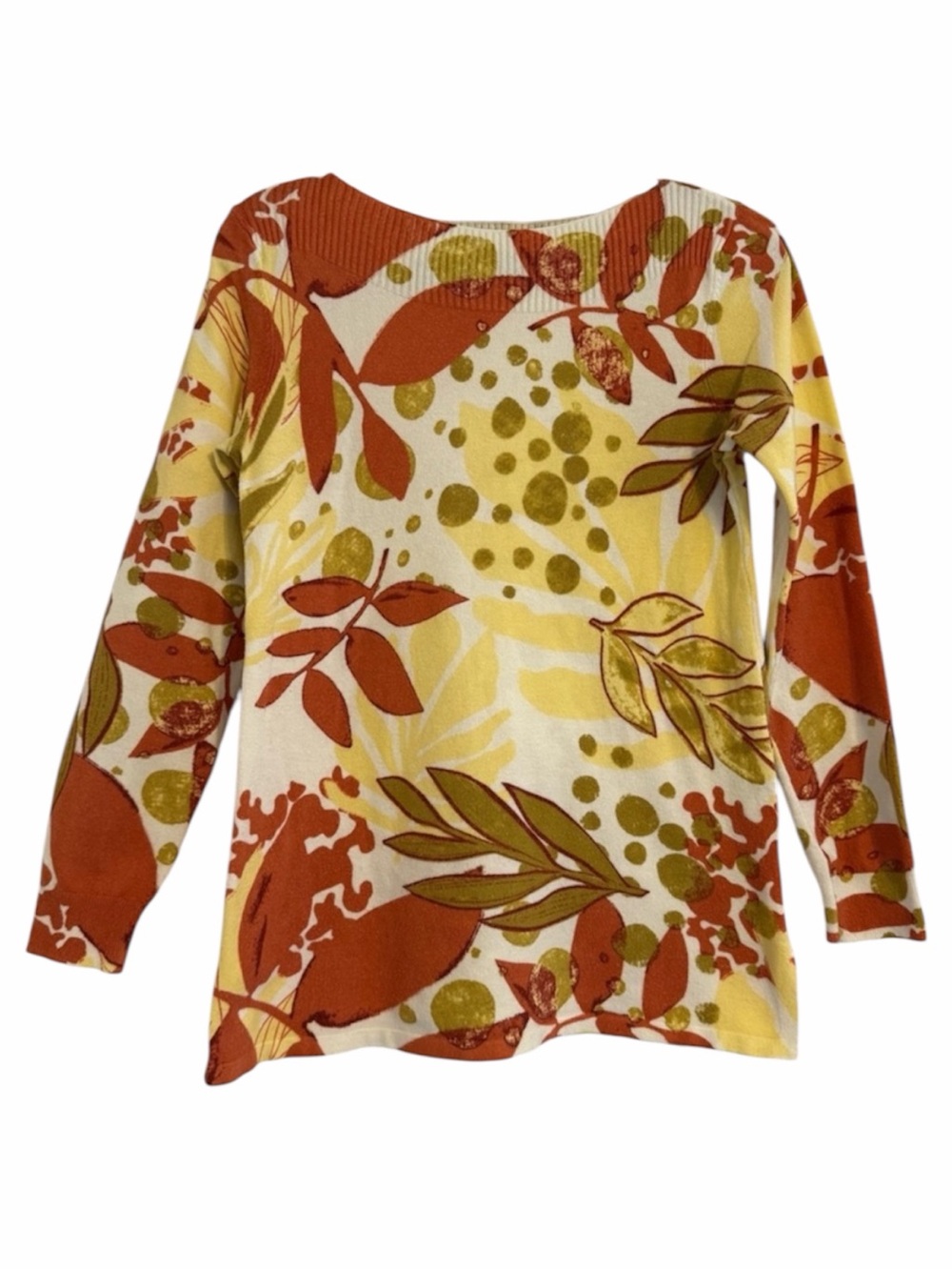Soft Surroundings Womens Small Floral Knit Top Rust Olive Botanical Long Sleeve